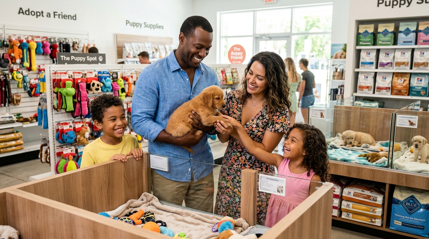 Happy family choosing a puppy at a Miami puppy store